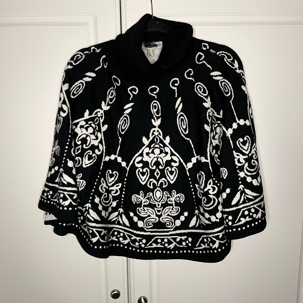 Max Mara 100% Wool Graphic Knit Turtleneck Poncho Cape - Picture 3 of 16